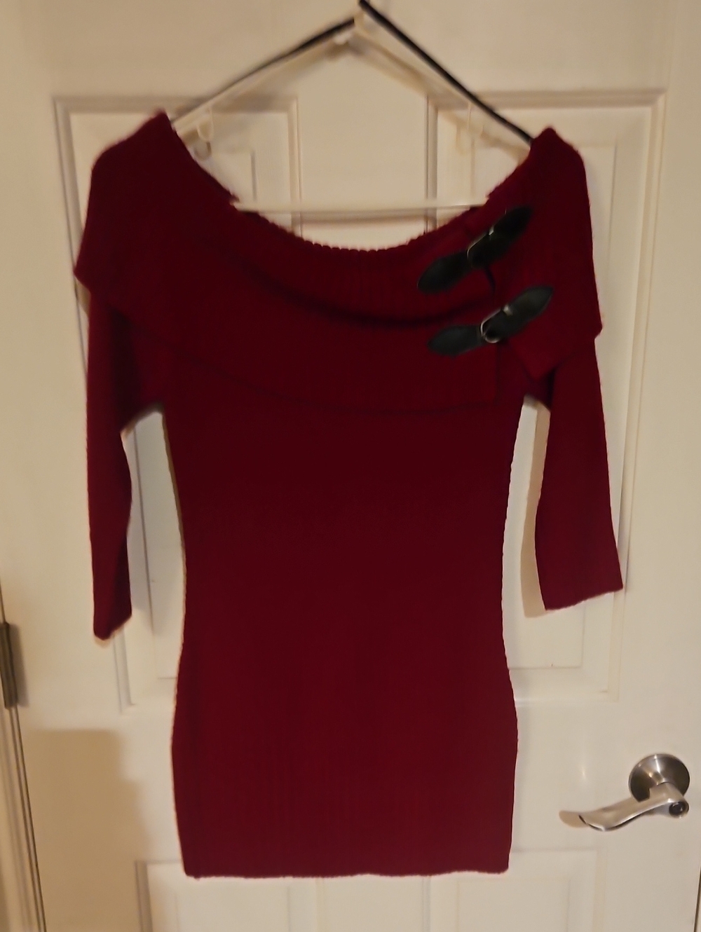 Candie's Off-Shoulder Burgundy Knit Dress with Buckle Detail
